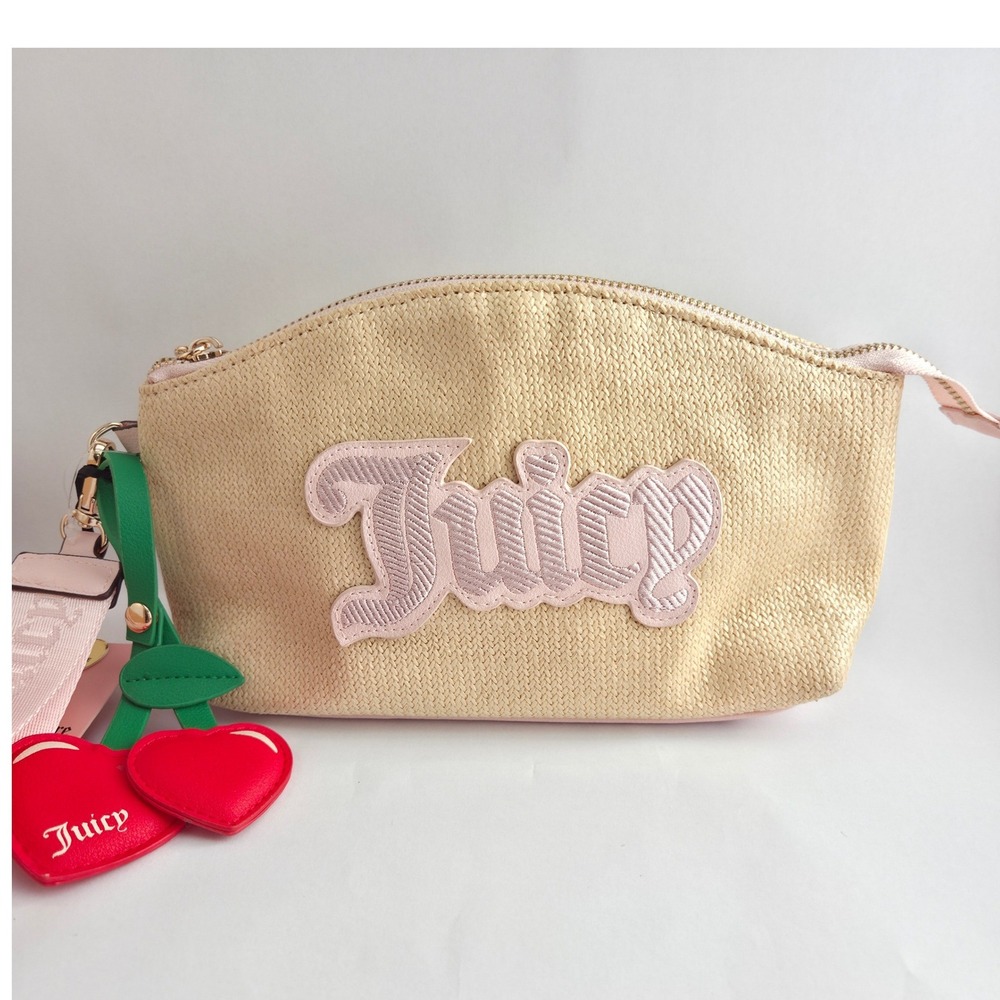 Juicy Couture Makeup Bag Womens OS Beige New Straw Wristlet Heart Cherry Charm